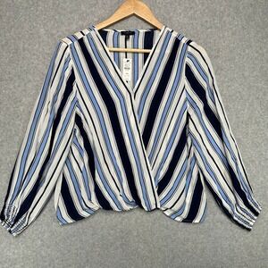 Talbots Petite Striped Faux Wrap Blouse Long Sleeve‎ Blue White Navy Size MP NWT